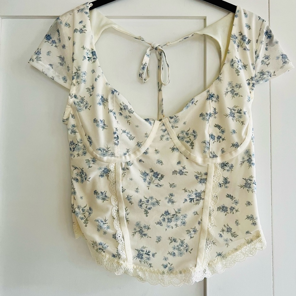 Pink Rose Cream and Blue Floral Top